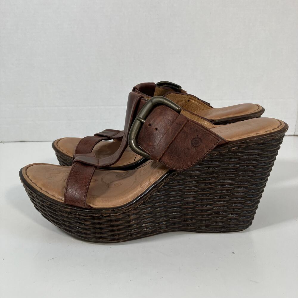 Born Sz 9 Platform Wedge Sandals Woven Sole Distressed Brown Leather Straps